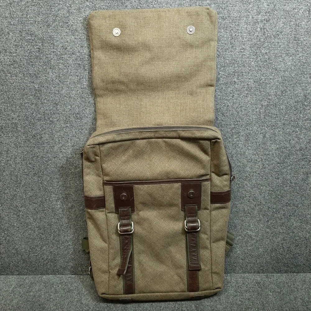 Bean Pole Retro Canvas Shoulder Bag Backpack Green Cotton Leather Accents